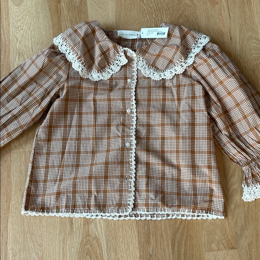 Checked Lace-Trim Puff Sleeve Top - Tan - Picture 8 of 8